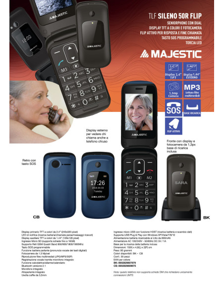 Sileno 50R Flip, 2.4", Micro SD, 0.3 MP, Bluetooth 3.0, 800 mAh, 90g, nero