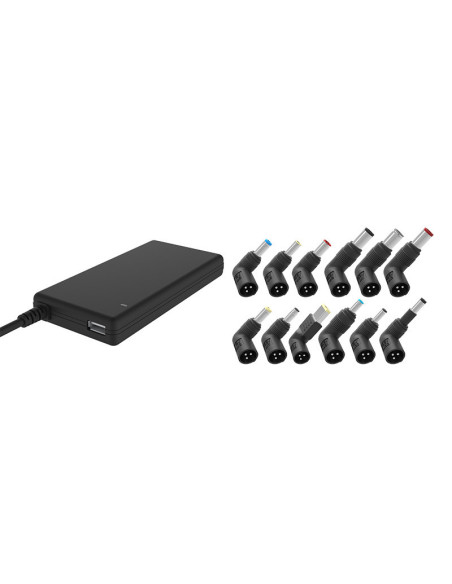 90W Alimentatore Universale per Notebook con 12 connettori 100/240V AC 15/20V DC Nero con USB Slim