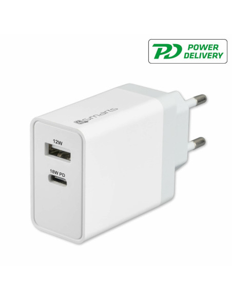 Alimentatore parete doppio USB-C PD 18W USB-A 12W