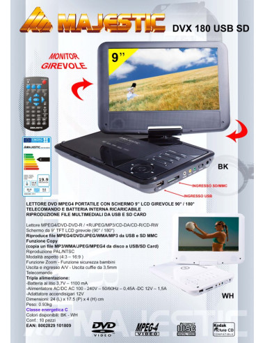 Portable DVD/MPEG4 Player, DVX-180...