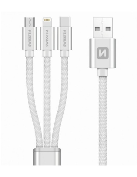 Textile 3-in-1 Cable 1.2m USB cable USB A USB C/micro-USB B/Lightning Silver