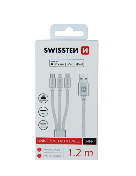 Textile 3-in-1 Cable 1.2m USB cable USB A USB C/micro-USB B/Lightning Silver