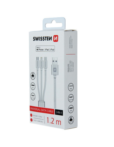 Textile 3-in-1 Cable 1.2m USB cable USB A USB C/micro-USB B/Lightning Silver