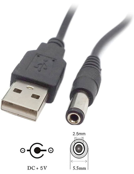 Adattatore USB A M a Alimentatore 5,5 mm x 2,5 mm da 5 V CC, 80cm