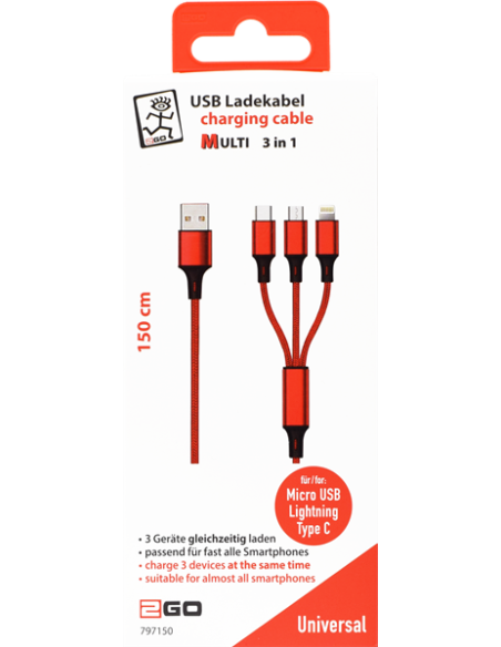 1,50 mt Cavo Multi 3in1 USB/microUSB+Lightning+Type-C Tessuto Rosso