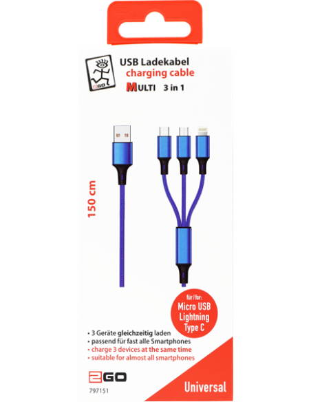 1,50 mt Cavo Multi 3in1 USB/microUSB+Lightning+Type-C Tessuto Blue