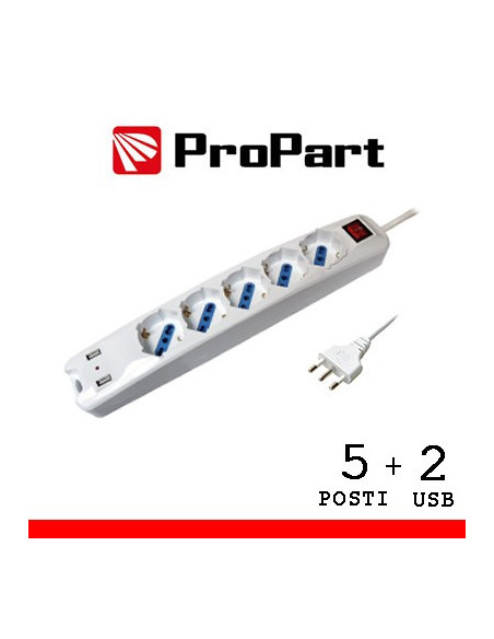 Multipresa 5 bipasso/schuko + 2 Usb con Interruttore, Cavo 1,5 mt, 16A