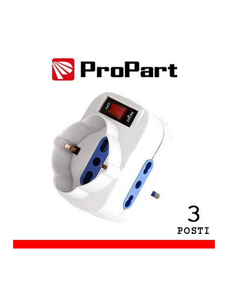 Adattatore 3 bipasso/schuko spina10A rotante + interruttore
