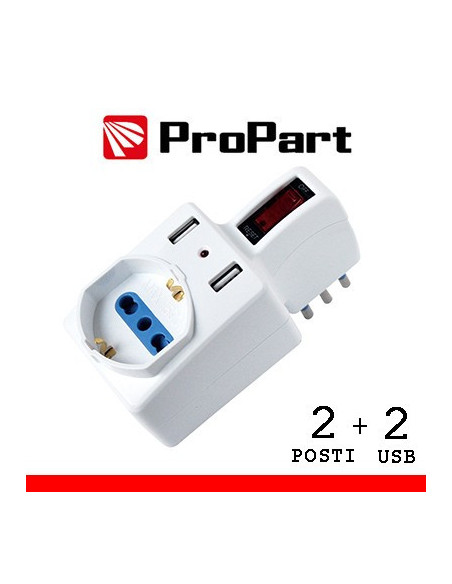 Adattatore 2 bipasso/schuko + 2 USB 2,1A,  spina10A salvasp. + interruttore