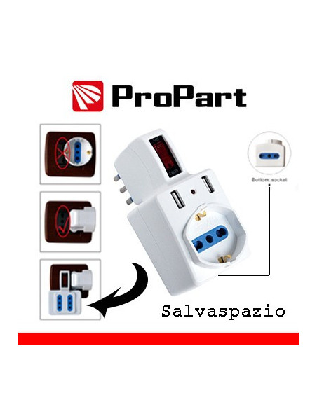Adattatore 2 bipasso/schuko + 2 USB 2,1A,  spina10A salvasp. + interruttore